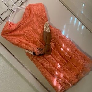 Peach lace mini dress with belt